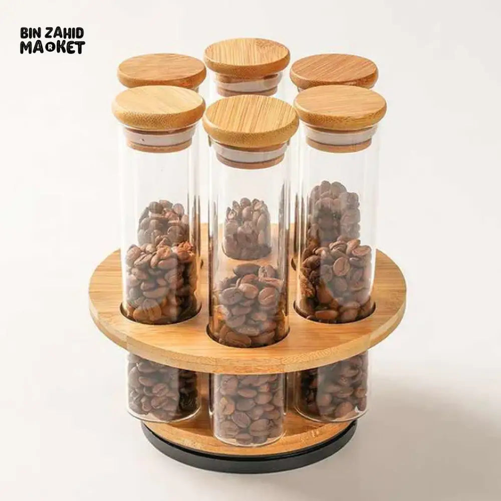 CYLINDER SHAPE GLASS JARS WITH WOODEN STANDTRANSPARENT STORAGE CONTAINERS FOR KITCHEN & PANTRY ORGANIZATION