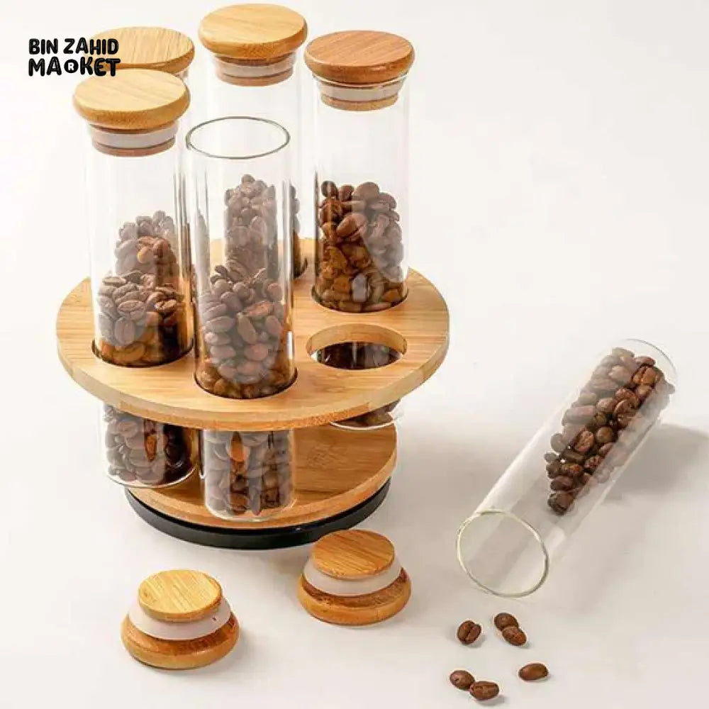 CYLINDER SHAPE GLASS JARS WITH WOODEN STANDTRANSPARENT STORAGE CONTAINERS FOR KITCHEN & PANTRY ORGANIZATION