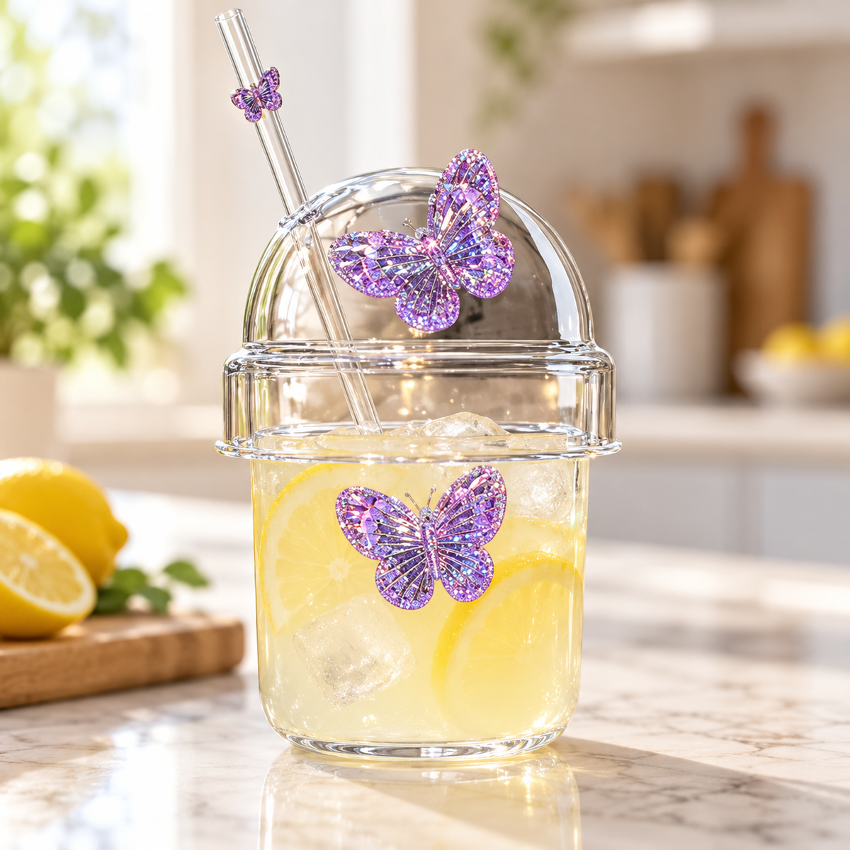 Glasslux Butterfly Dome Cup With Straw - Purple / 400 ml