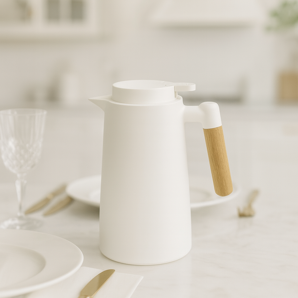 MODERN THERMAL JUG  1 LITRE – WHITE FINISH WITH WOODEN HANDLE