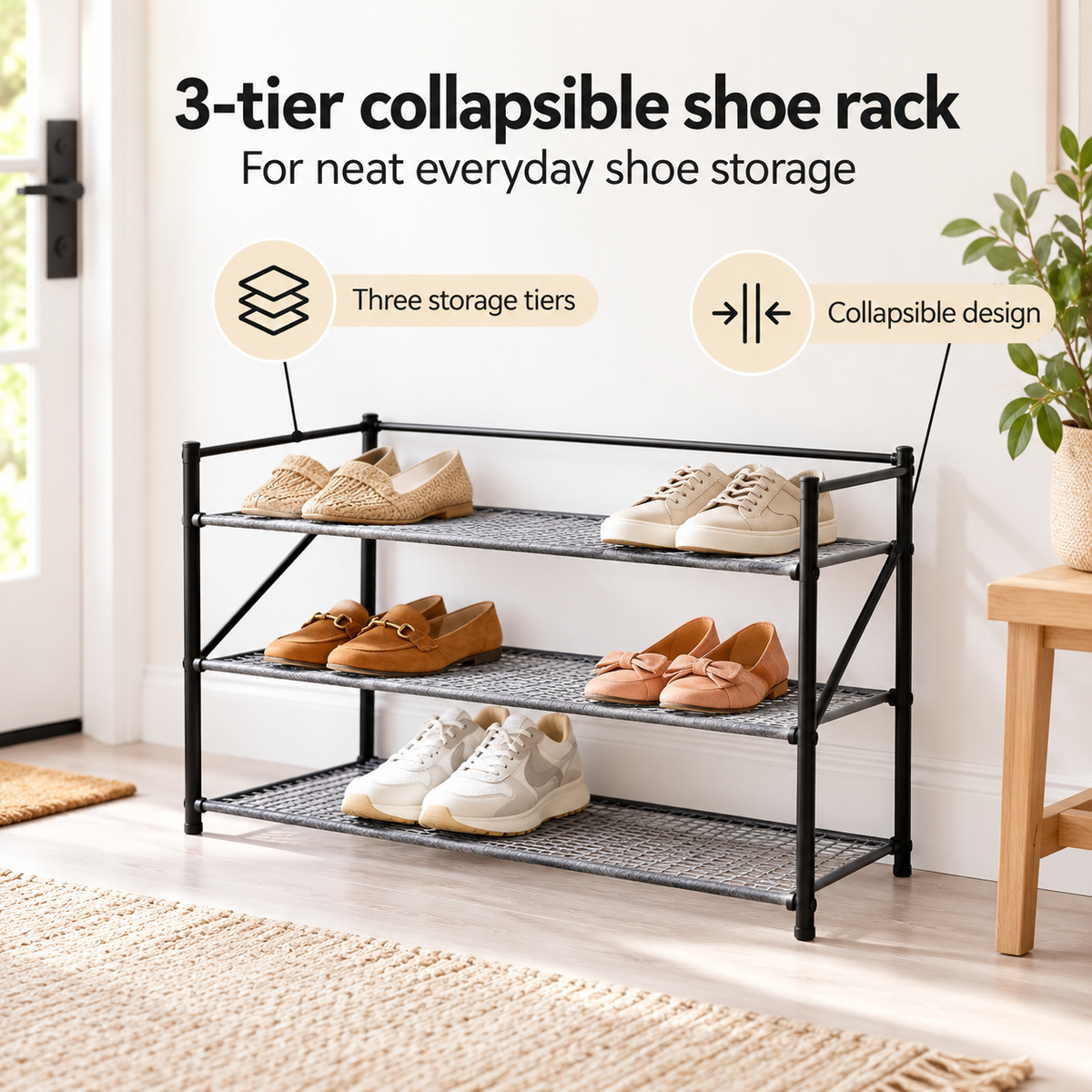Danny Home 3-Tier Collapsible Shoe Rack - 70x24x51cm