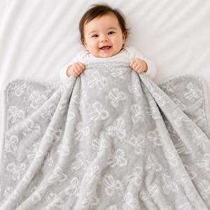 HAPPIMUMS BABY PLUSH SLEEPING BLANKET DOUBLE PLY SWEET RIBBON 110 x 80 - GREY