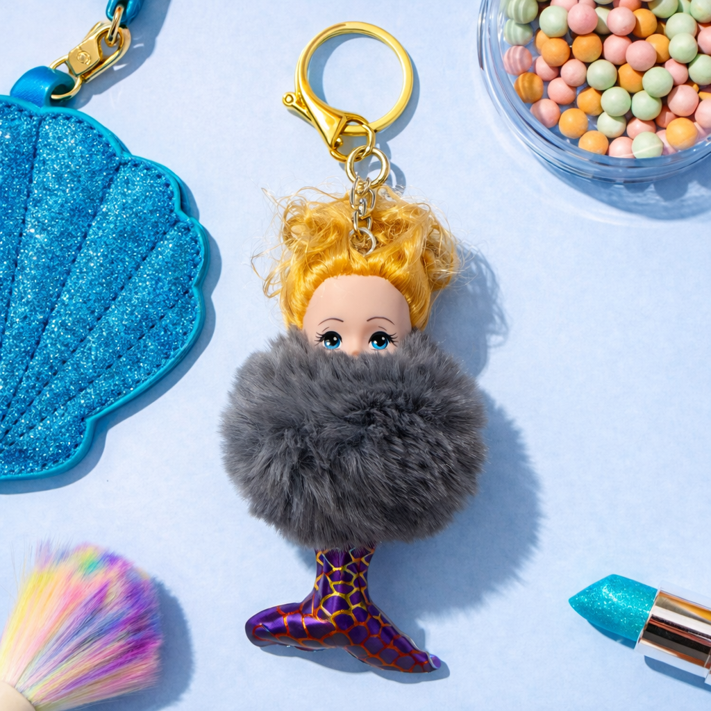 MERMAID DOLL POM POM KEYCHAIN WITH FUR DETAIL – CUTE KAWAII BAG CHARM & CAR KEYRING FOR GIRLS PURSE BACKPACK & GIFT