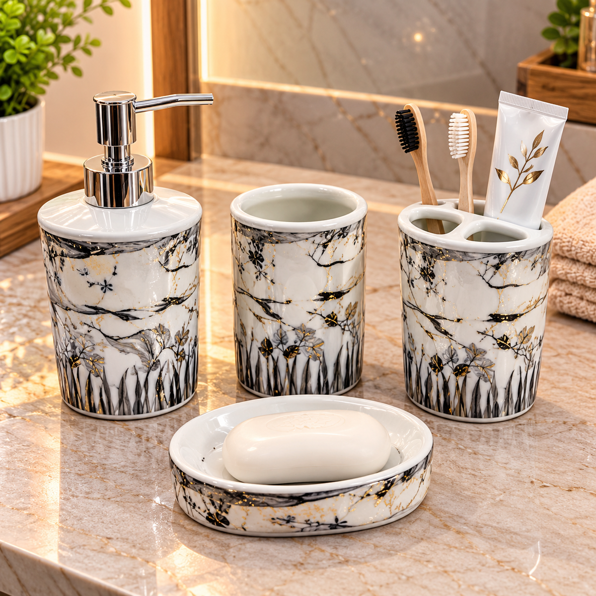WHITE & BLACK MARBLE FLORAL DESIGN CERAMIC BATHROOM ACCESSORY SET