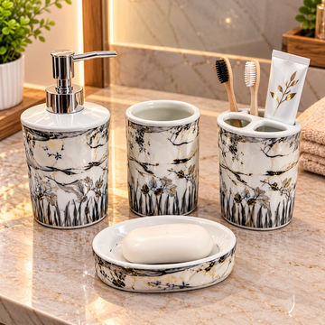 WHITE & BLACK MARBLE FLORAL DESIGN CERAMIC BATHROOM ACCESSORY SET