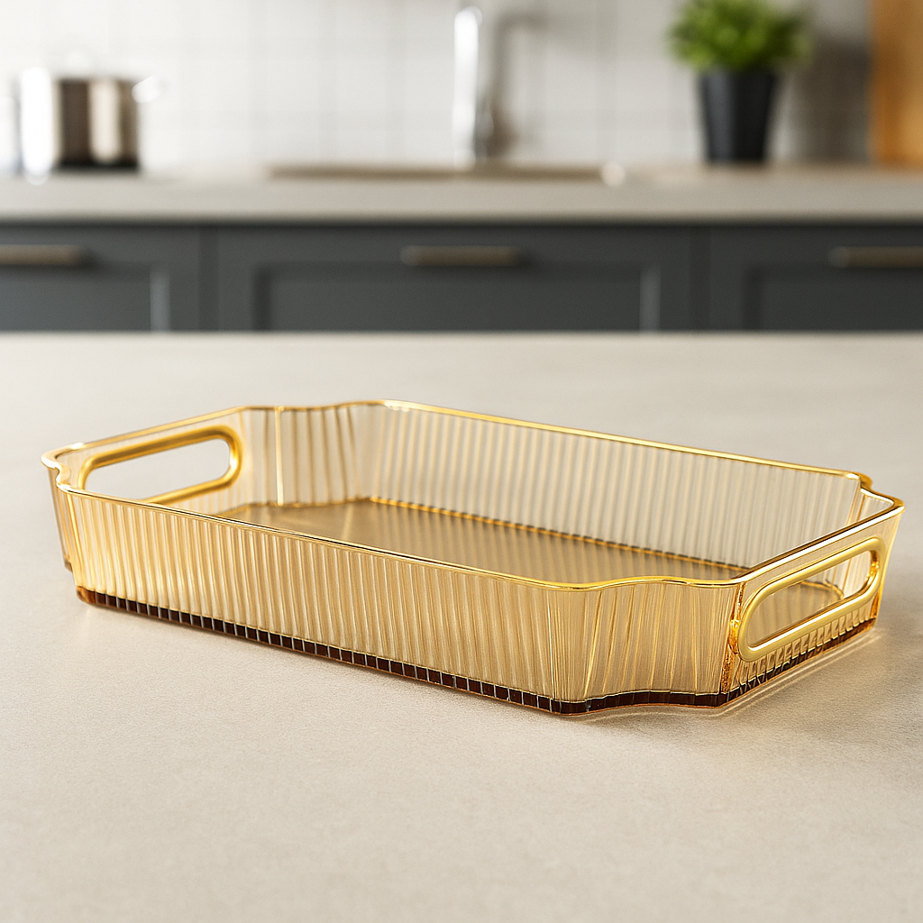 PREMIUM RECTANGULAR TABLE TRAY – RIBBED EDGE GOLD-TONE ACCENT