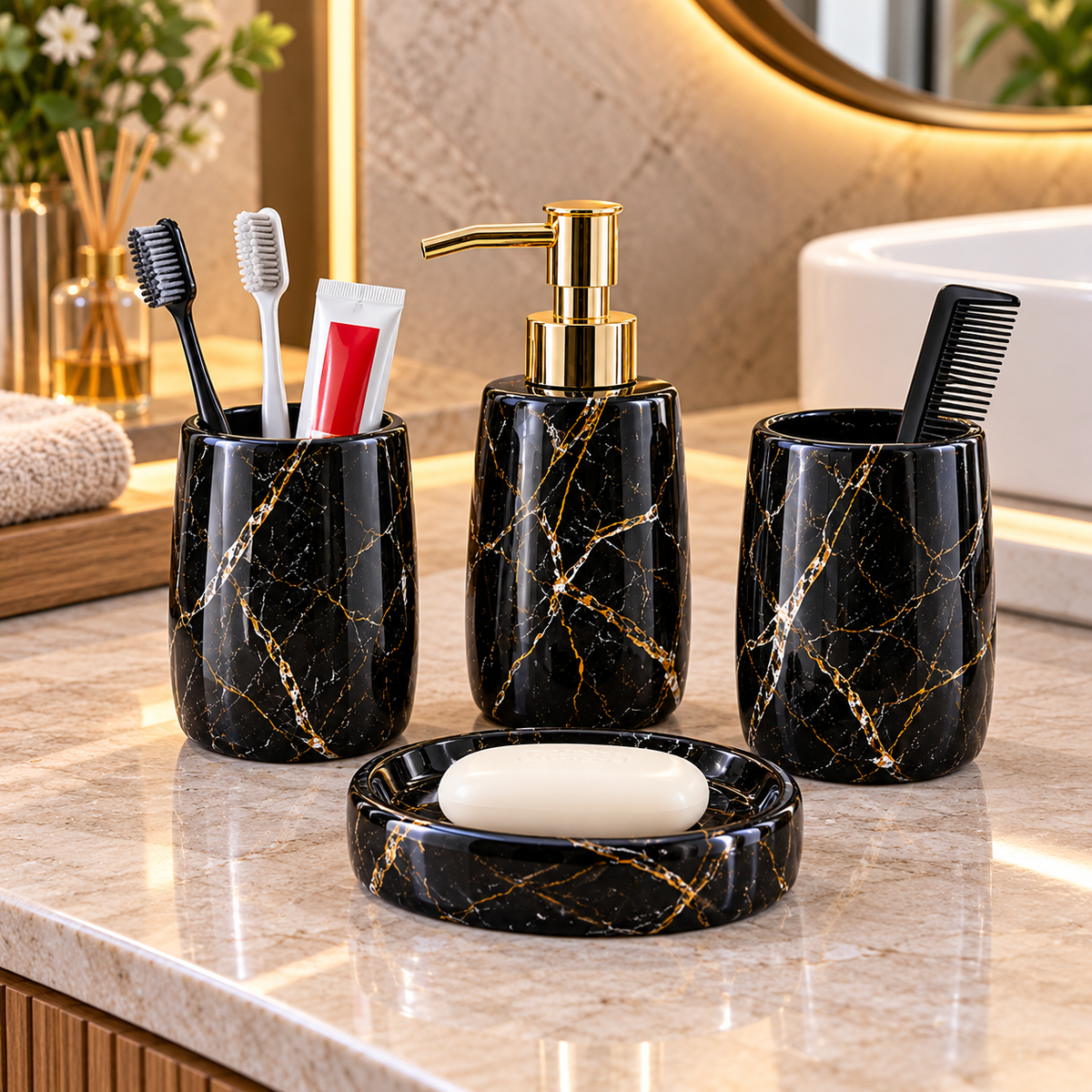 BLACK & GOLD MARBLE DESIGN CERAMIC BATHROOM ACCESSORY SET