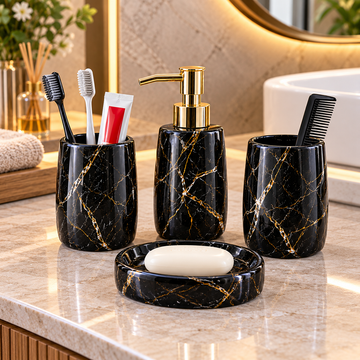 BLACK & GOLD MARBLE DESIGN CERAMIC BATHROOM ACCESSORY SET