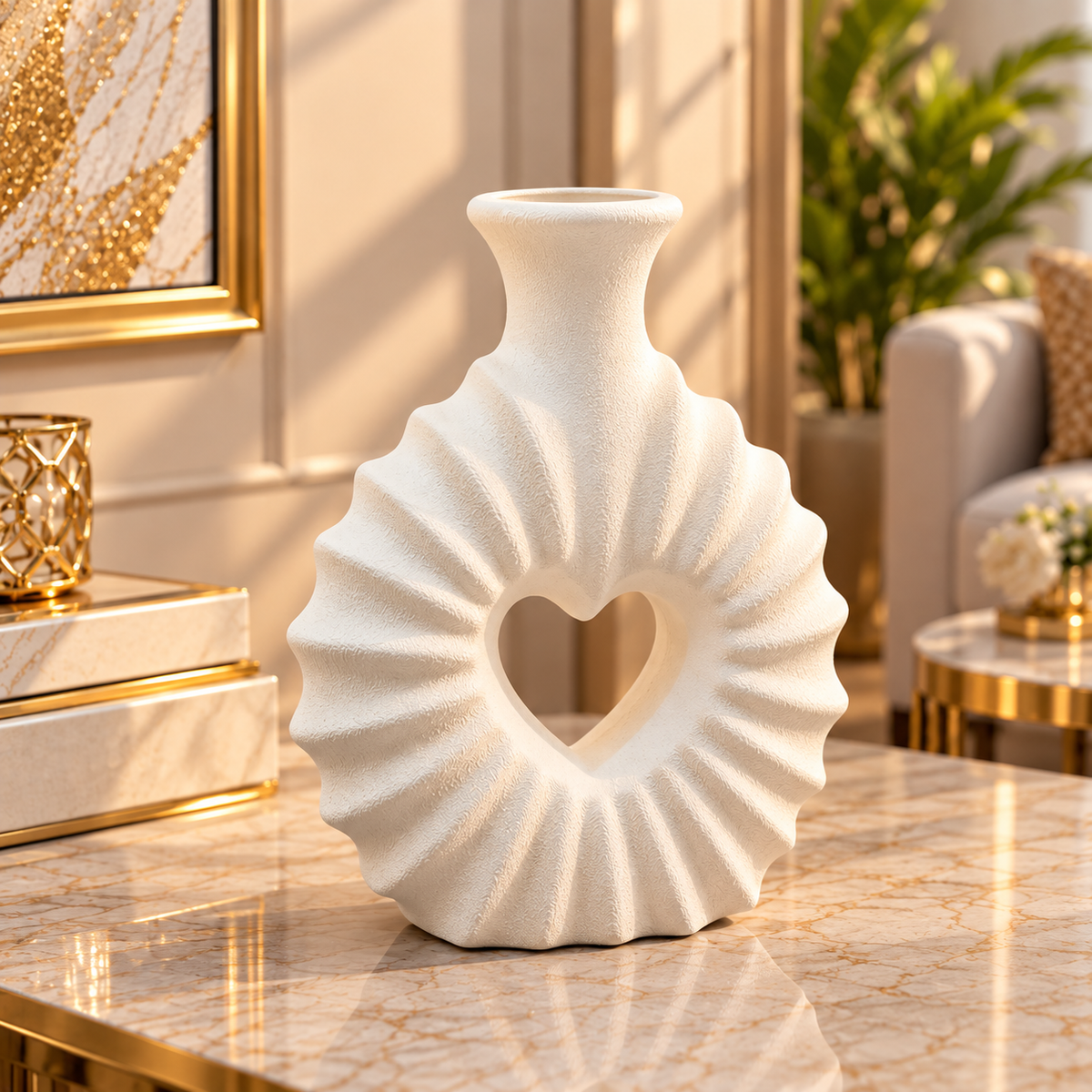 WHITE HEART SHAPE RIBBED TEXTURE DECORATIVE VASE - LARGE