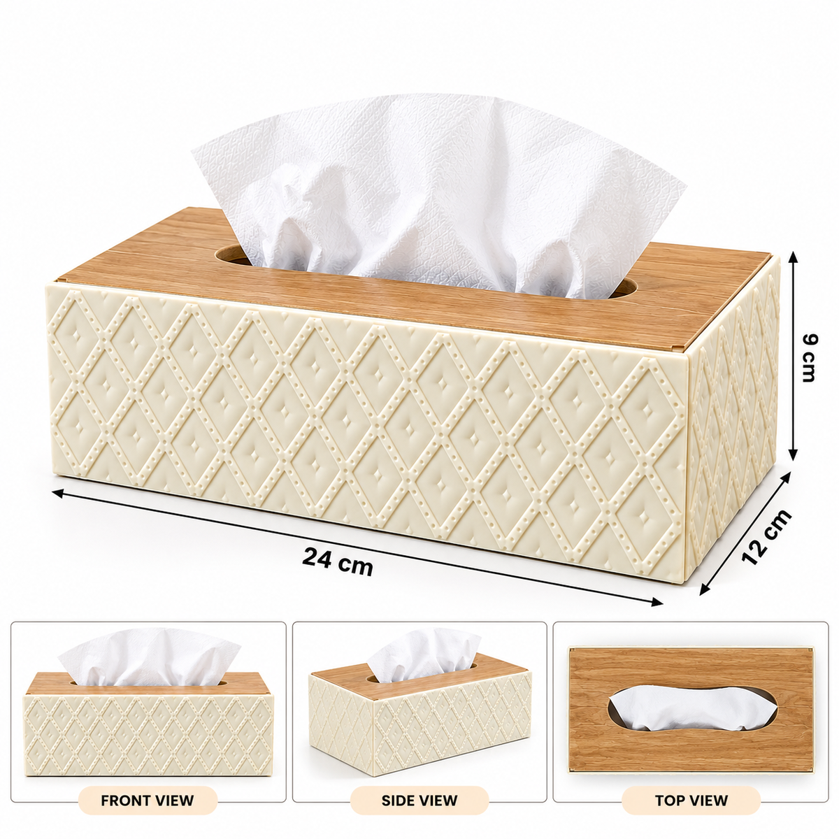 CREAM WHITE DIAMOND TEXTURE RECTANGULAR TISSUE BOX WITH WOODEN STYLE LID