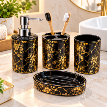 BLACK & GOLD FLORAL MARBLE DESIGN CERAMIC BATHROOM ACCESSORY SET
