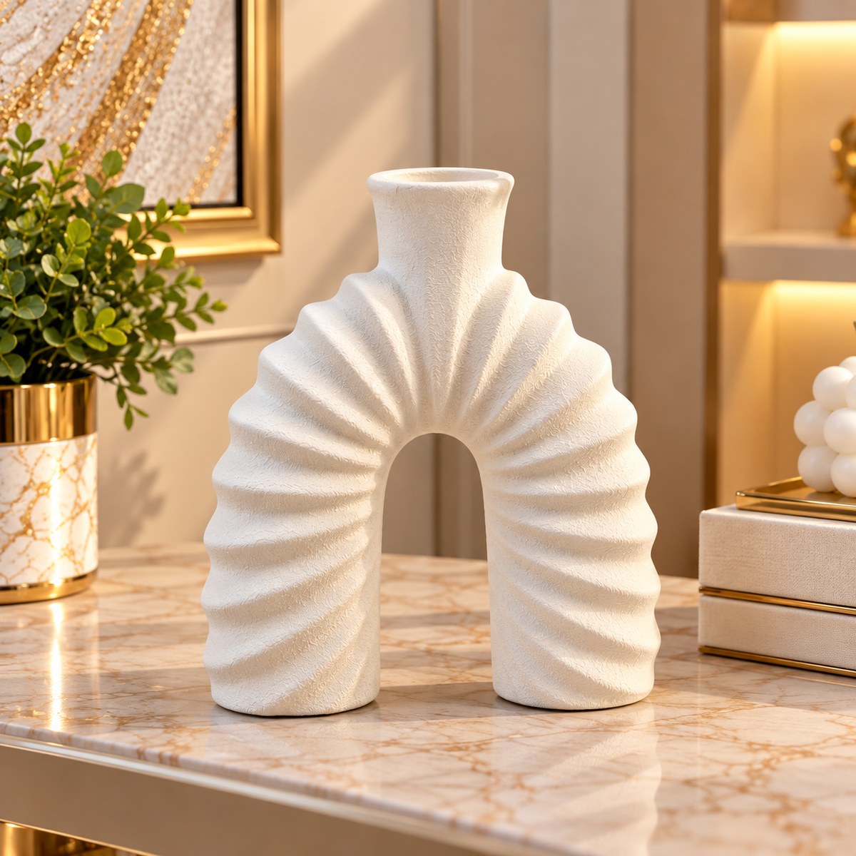 WHITE ARCH SHAPE RIBBED TEXTURE DECORATIVE VASE - SMALL