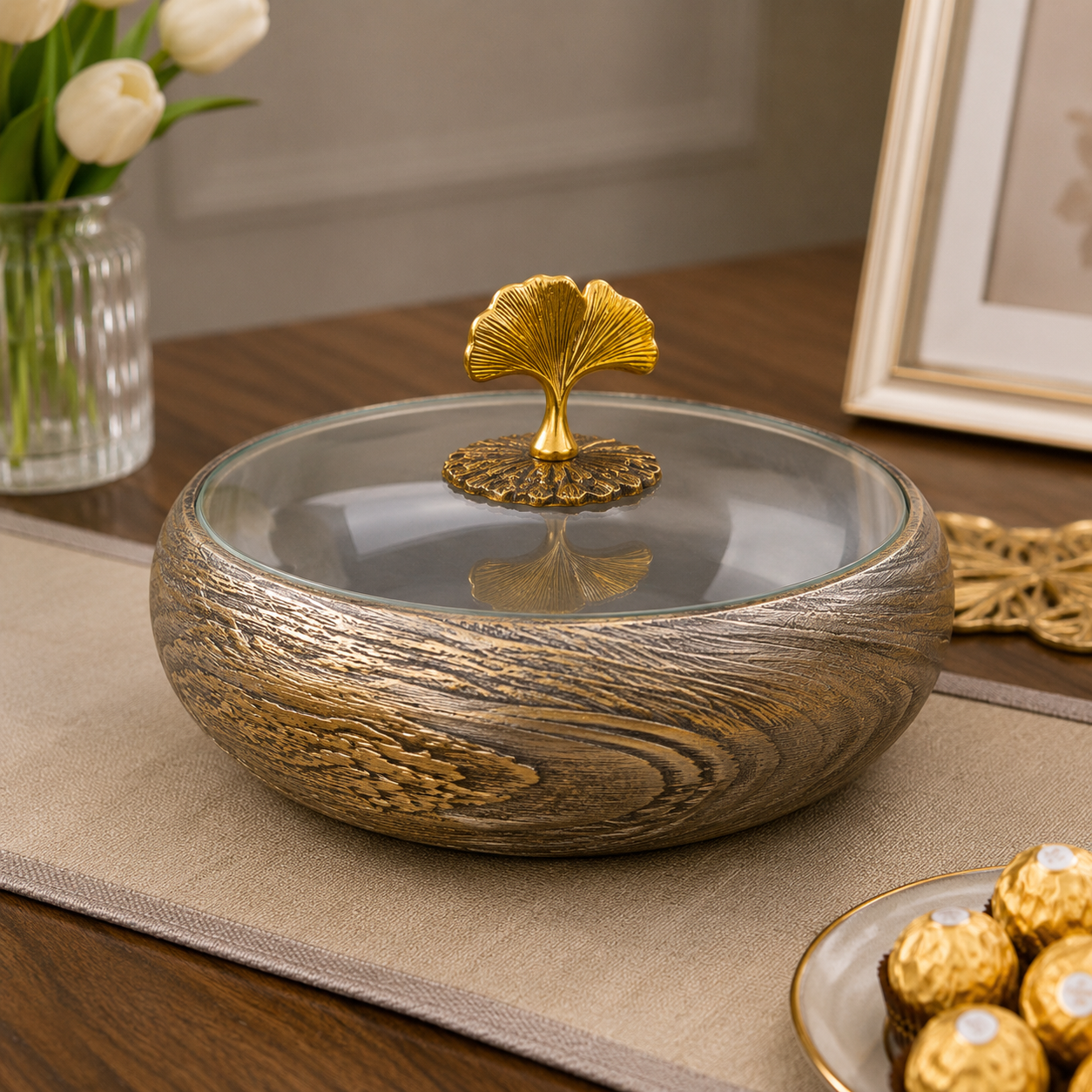 DECORATIVE WOOD GRAIN STORAGE BOWL WITH GLASS LID