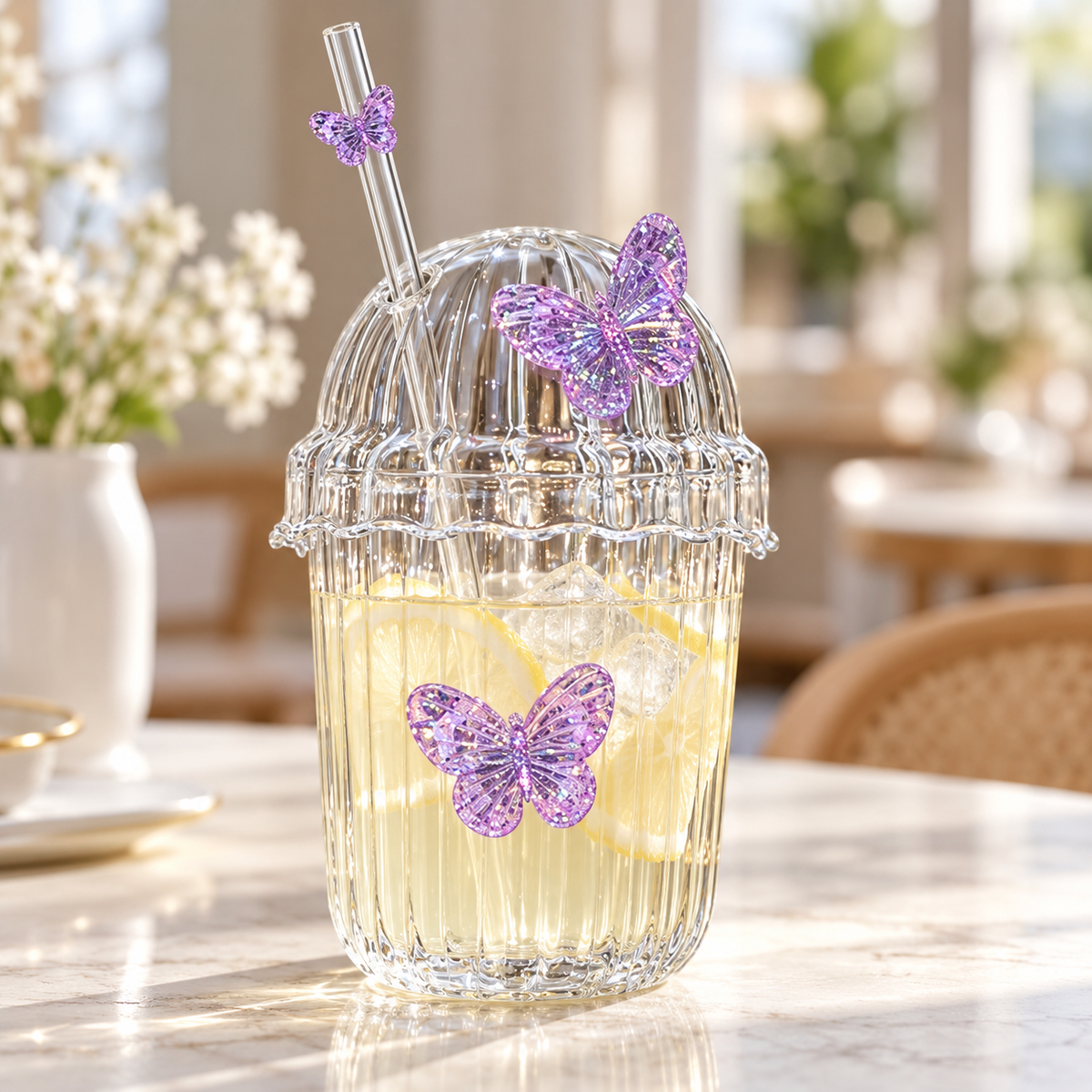 Glasslux Ribbed Butterfly Dome Cup With Straw - Purple / 400 ml