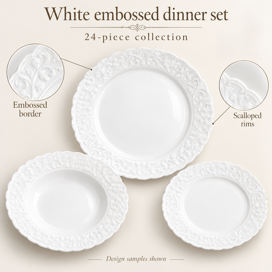 Danny Home 24-Piece White Embossed Dinner Set