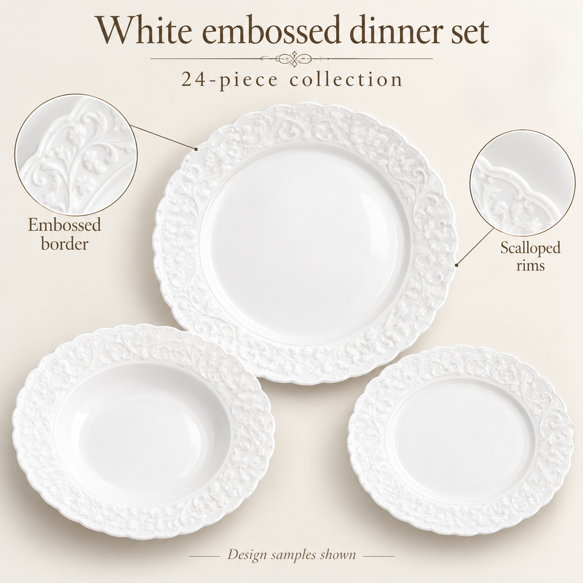 Danny Home 24-Piece White Embossed Dinner Set