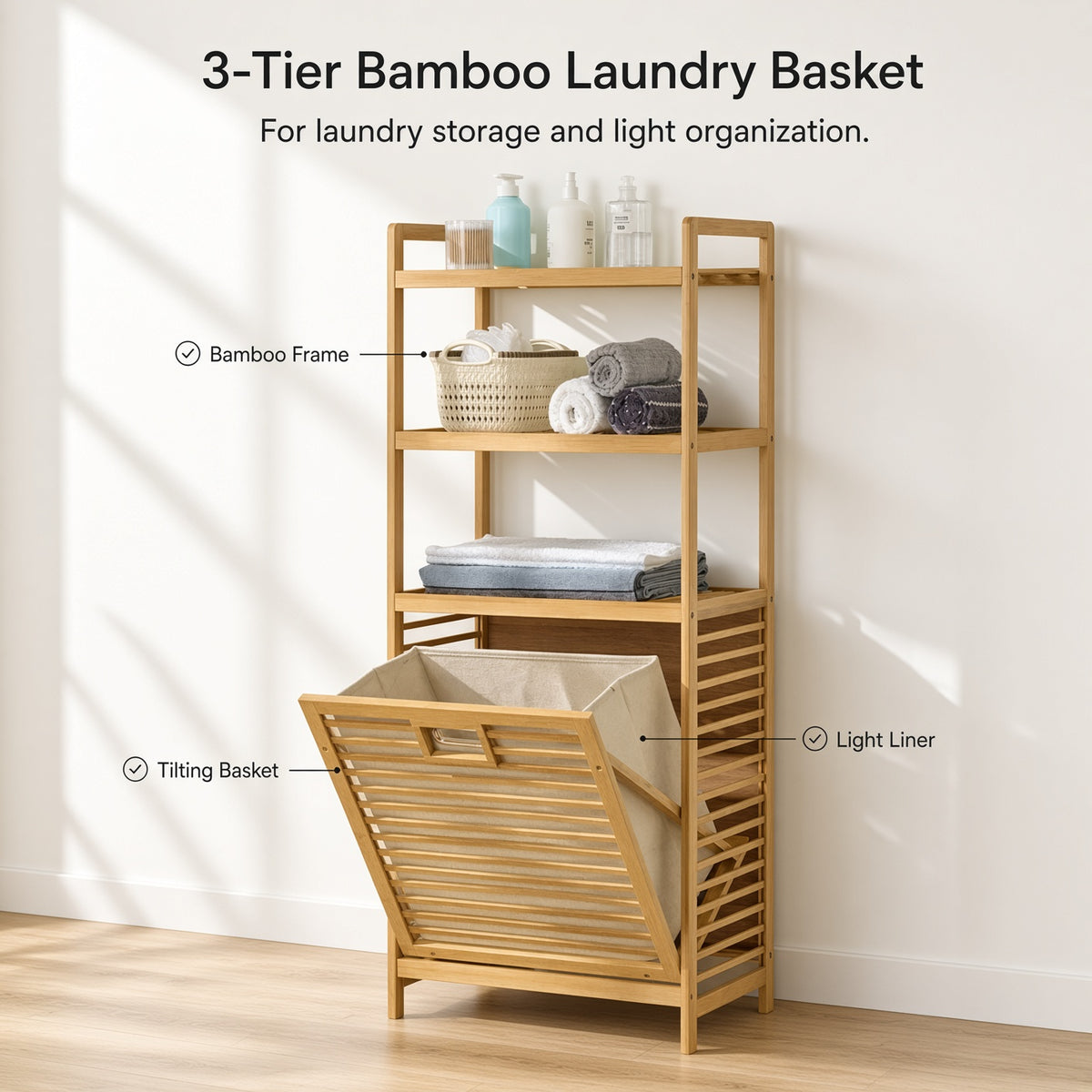 Homdelux Bamboo Laundry Basket - 3 Tiers
