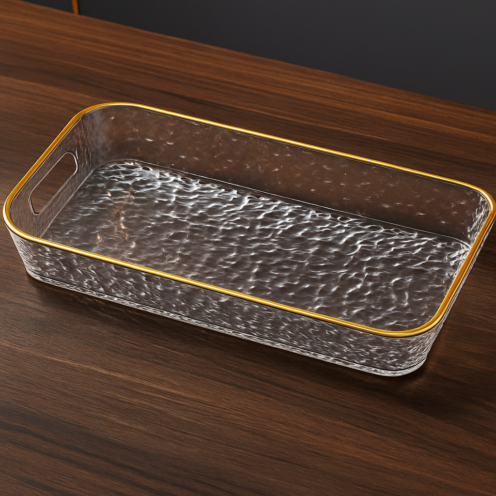 Luxury Rectangular Glass Tray – Textured Design with Gold Edge