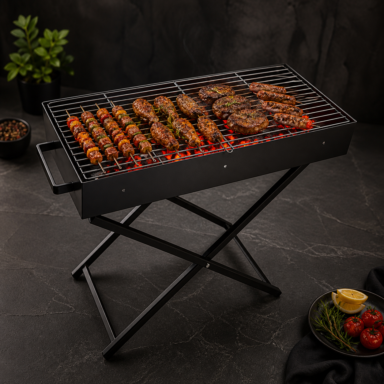 CHARCOAL BBQ GRILL STAND PORTABLE STAINLESS STEEL 31.5”