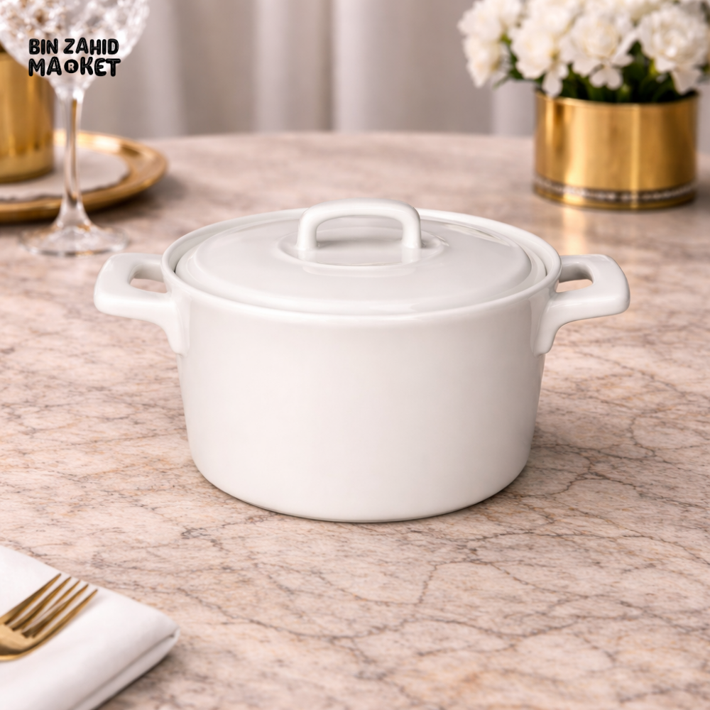 DANNY HOME 1.2L PORCELAIN CASSEROLE POT WITH LID – LUXURY WHITE SERVING & COOKING DISH FOR DINING TABLE - CPK-017