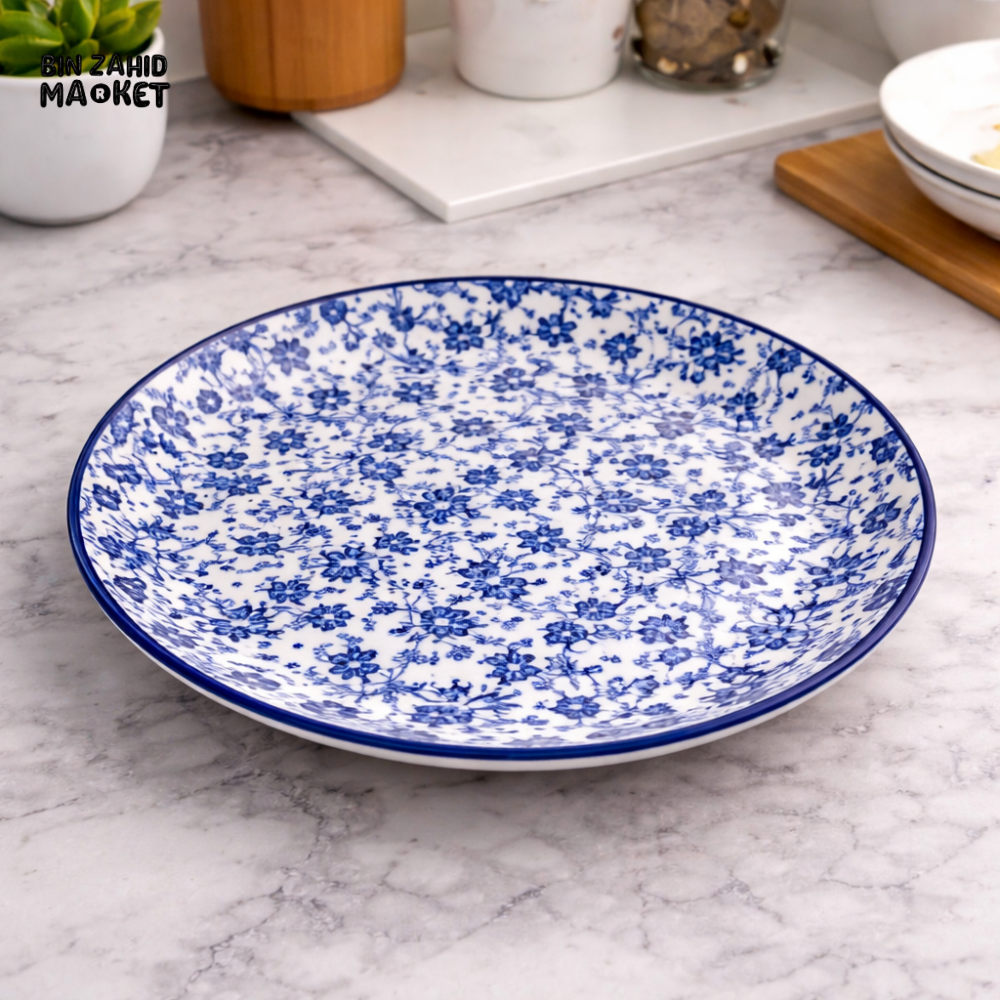 10 INCH ROUND CERAMIC DINNER PLATE – BLUE FLORAL DESIGN TABLEWARE