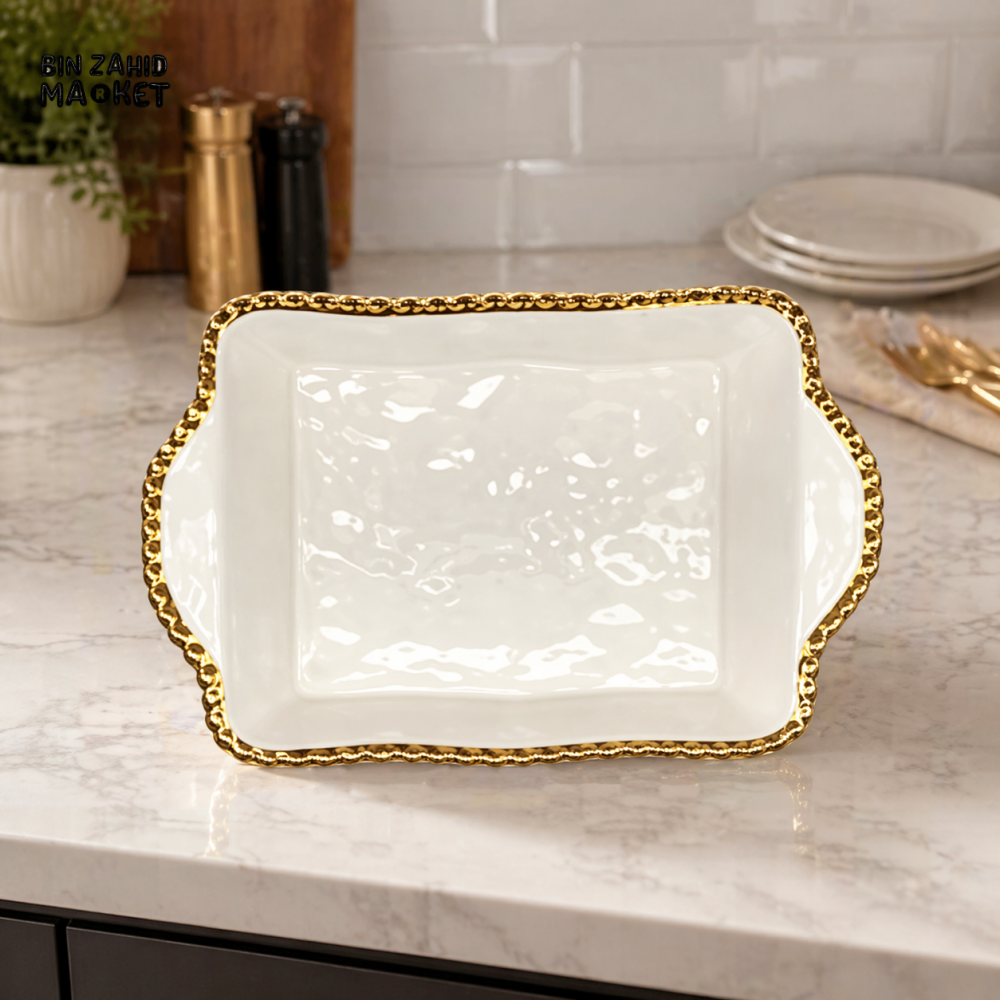 DANNY HOME 10’’ SQUARE CERAMIC BAKEWARE SERVING DISH WITH GOLD RIM ELEGANT OVEN TO TABLE CASSEROLE TRAY BWT31-05