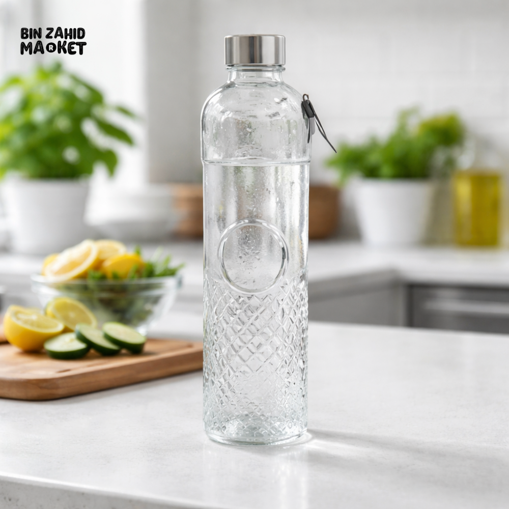 DANNY HOME 1000ML PREMIUM GLASS WATER BOTTLE WITH STAINLESS STEEL LID LEAKPROOF ECO-FRIENDLY DRINKING BOTTLE 1966-102