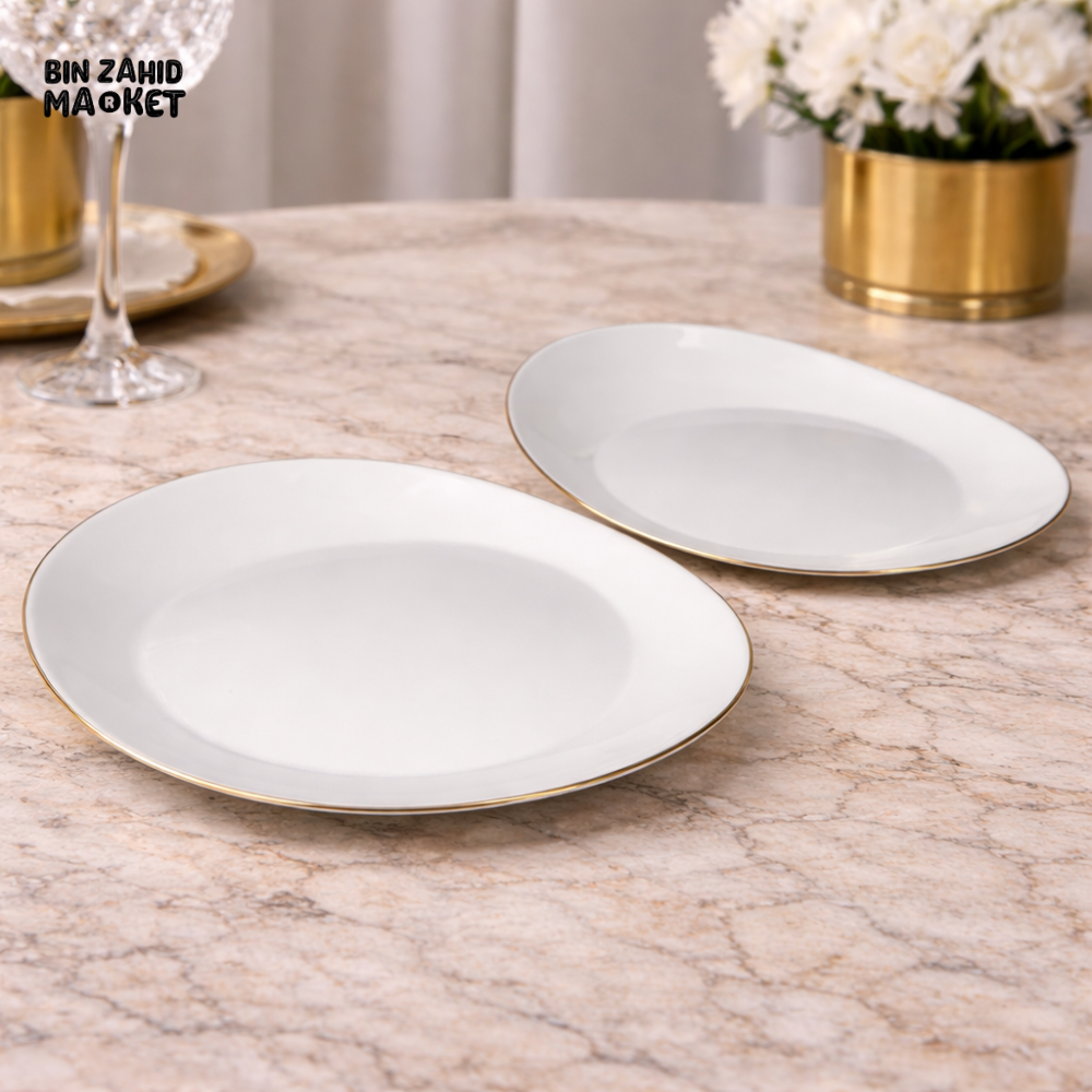 DANNY HOME 12 INCHES GLASS DINNER PLATE SET – 2 PIECE WHITE PLATES WITH GOLDEN EDGE LUXURY TABLEWARE - LCP120-G