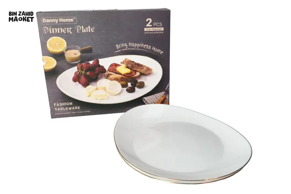 DANNY HOME 12 INCHES GLASS DINNER PLATE SET – 2 PIECE WHITE PLATES WITH GOLDEN EDGE LUXURY TABLEWARE - LCP120-G