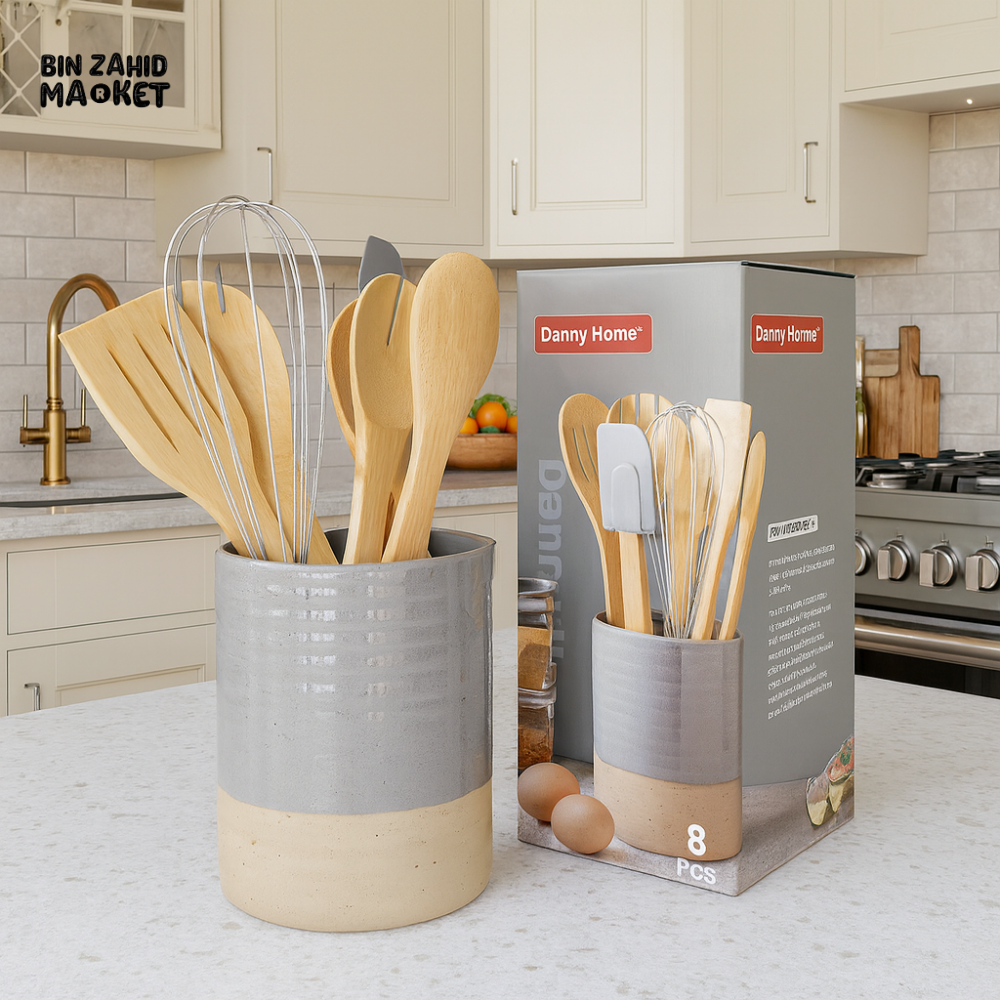 DANNY HOME 16 PIECE KITCHEN UTENSIL SET WITH HOLDER – WOODEN SPOONS SPATULA & WHISK GREY DH2933