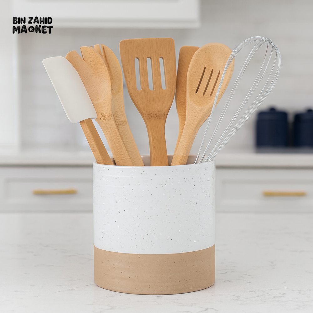 DANNY HOME 16 PIECE KITCHEN UTENSIL SET WITH HOLDER – WOODEN SPOONS SPATULA & WHISK WHITE DH2933