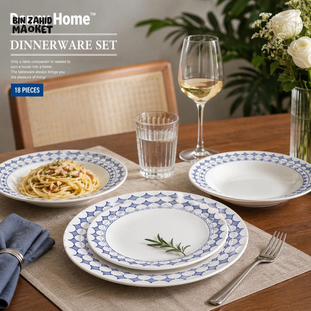 DANNY HOME 18 PCS BLUE & WHITE CERAMIC DINNERWARE SET SERVICE FOR 6 PLATES BOWLS DISHES MODERN TABLEWARE LXP18F-W
