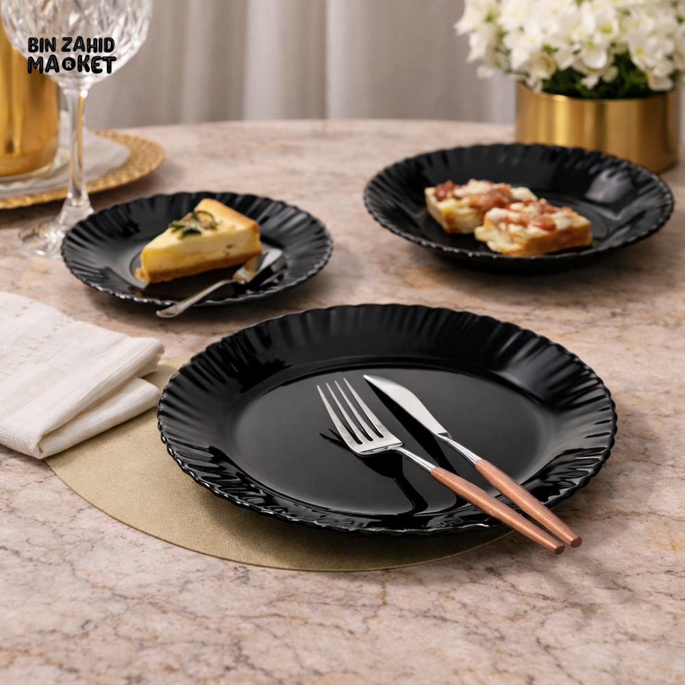 DANNY HOME 18 PIECE BLACK OPAL GLASS DINNER SET – LUXURY DINING TABLEWARE SET DINNER PLATE SOUP PLATE & DESSERT PLATE