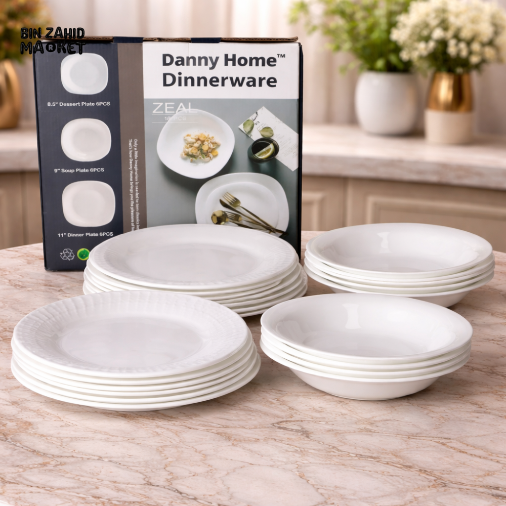 DANNY HOME 18 PIECE PORCELAIN DINNERWARE SET – WHITE CERAMIC DINNER SOUP & DESSERT PLATES SET FOR LUXURY DINING TABLE