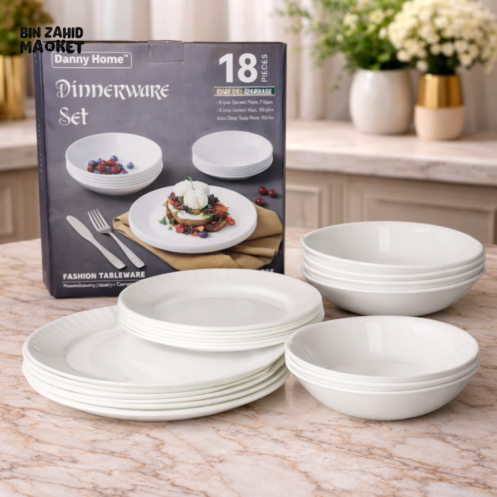 DANNY HOME 18 PIECE WHITE PORCELAIN DINNERWARE SET – DINNER SOUP & DESSERT PLATES LUXURY TABLEWARE SET FOR ELEGANT