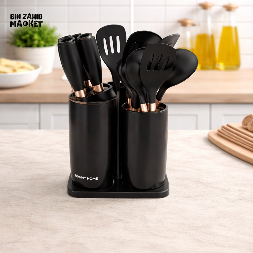 DANNY HOME 19PCS COMPLETE KITCHENWARE UTENSIL SET WITH HOLDER – HEAT RESISTANT NON-STICK COOKING TOOLS BLACK