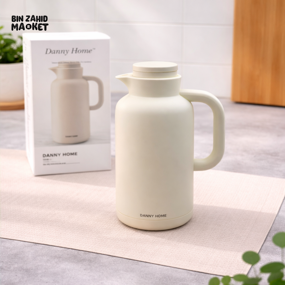 DANNY HOME 1L WHITE VACUUM JUG PP BODY WITH GLASS LINER DOUBLE WALL THERMAL CARAFE HOT & COLD BEVERAGE SERVER VF007W