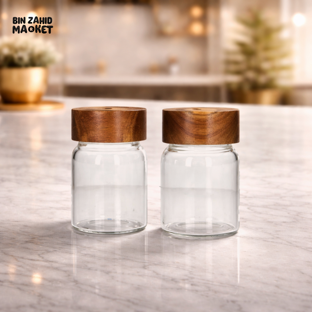 DANNY HOME 2-PIECE 340ML PREMIUM GLASS STORAGE JAR SET WITH WOODEN LIDS -1966-98