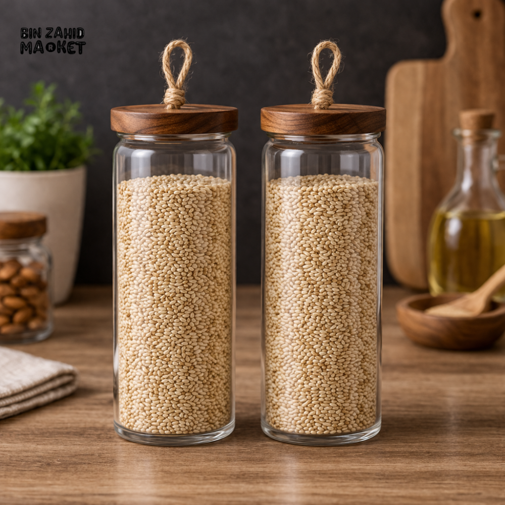DANNY HOME 2-PIECE ACACIA WOOD GLASS STORAGE JAR 1050ML -1988-68