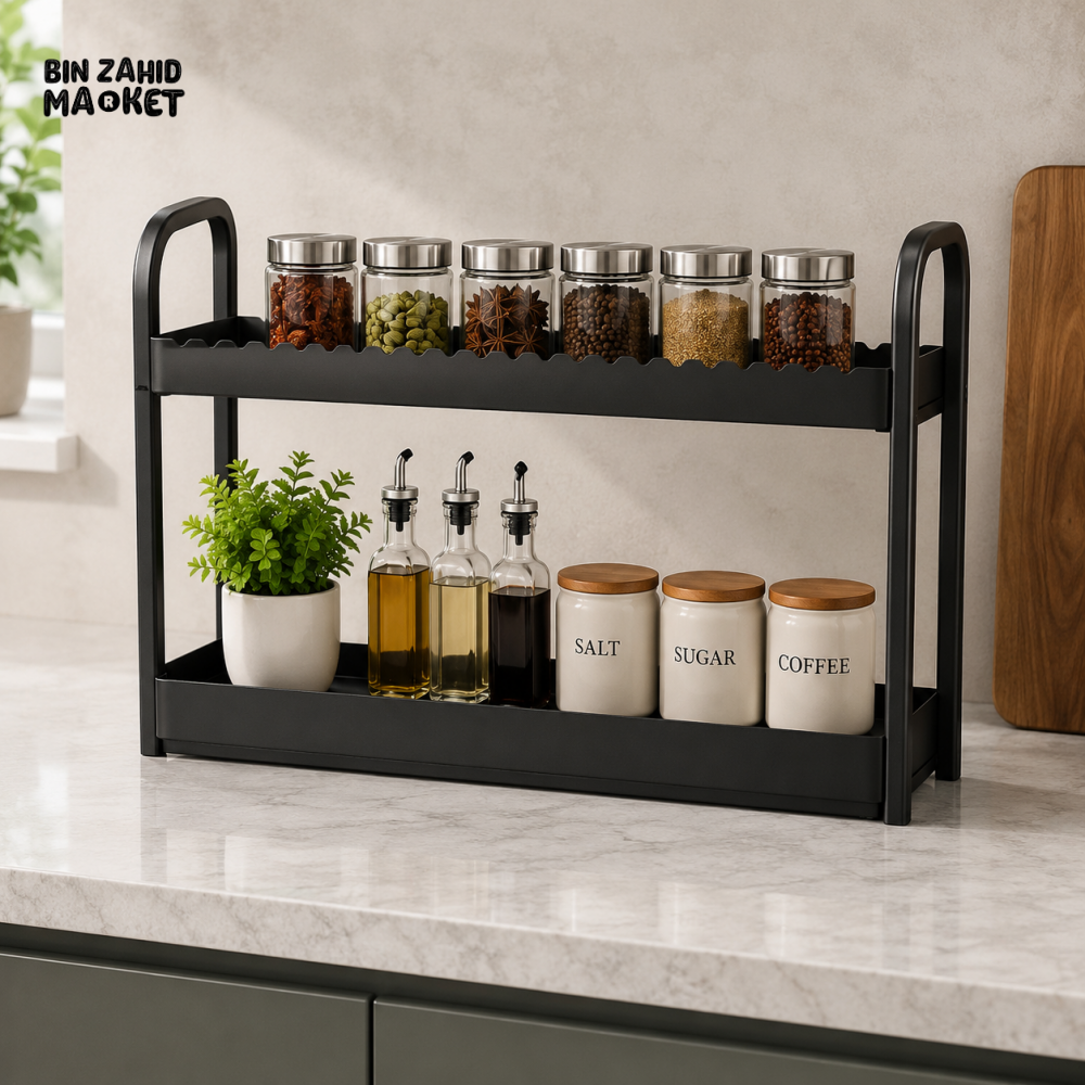 DANNY HOME 2-TIER METAL COUNTERTOP STORAGE RACK WITH WOODEN BASE – ZYB140