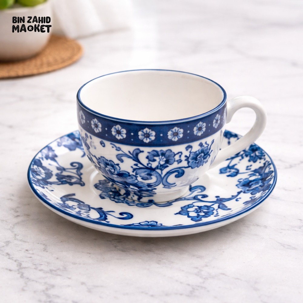DANNY HOME 220-ML BLUE & WHITE PORCELAIN TEACUP WITH SAUCER -SF18-08