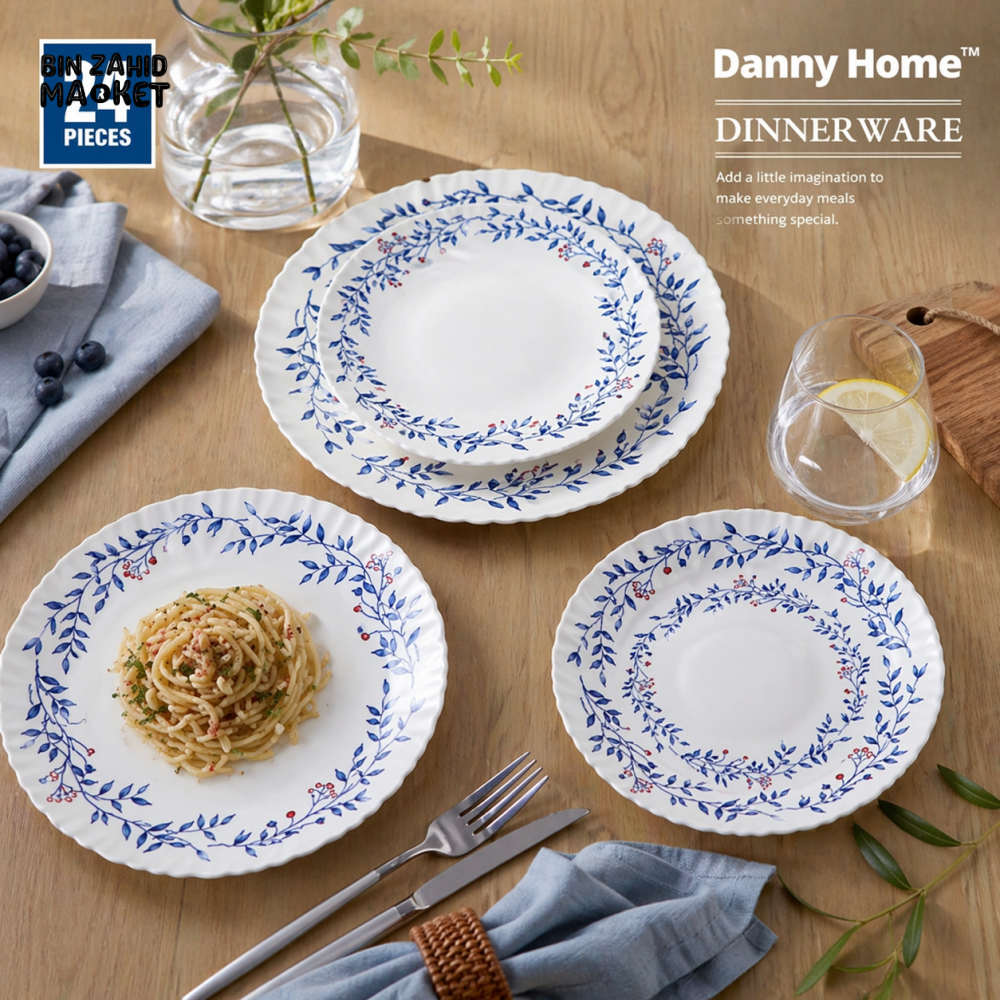DANNY HOME 24PCS BLUE LEAF PORCELAIN DINNERWARE SET ROUND PLATES & BOWLS TABLEWARE SET LXP24F-X