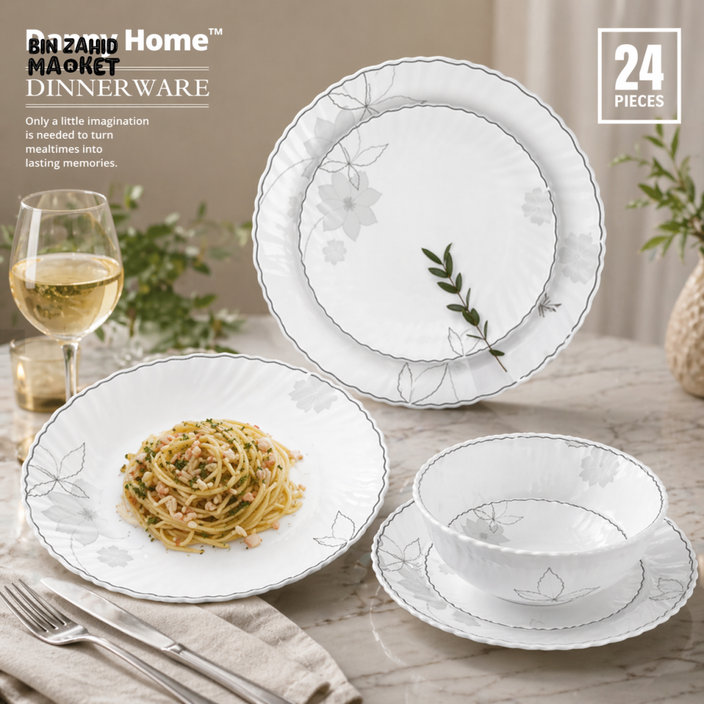 DANNY HOME 24PCS OPAL GLASS DINNERWARE SET FLORAL DESIGN DINNER PLATE SOUP PLATE DESSERT PLATE BOWL SET LXP24F-M