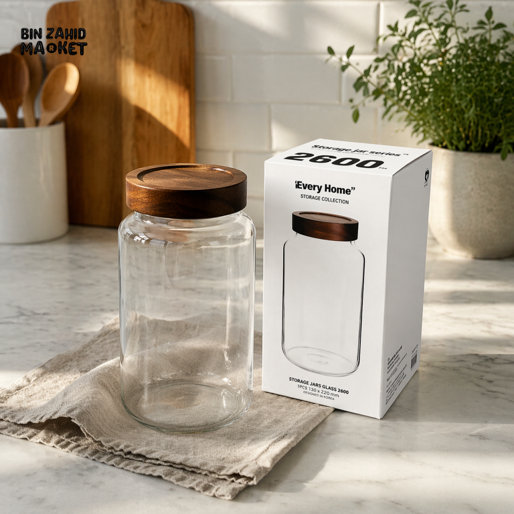 DANNY HOME 2600ML AIRTIGHT GLASS STORAGE JAR WITH WOODEN LID – PREMIUM BOROSILICATE KITCHEN FOOD CONTAINER 1966-87