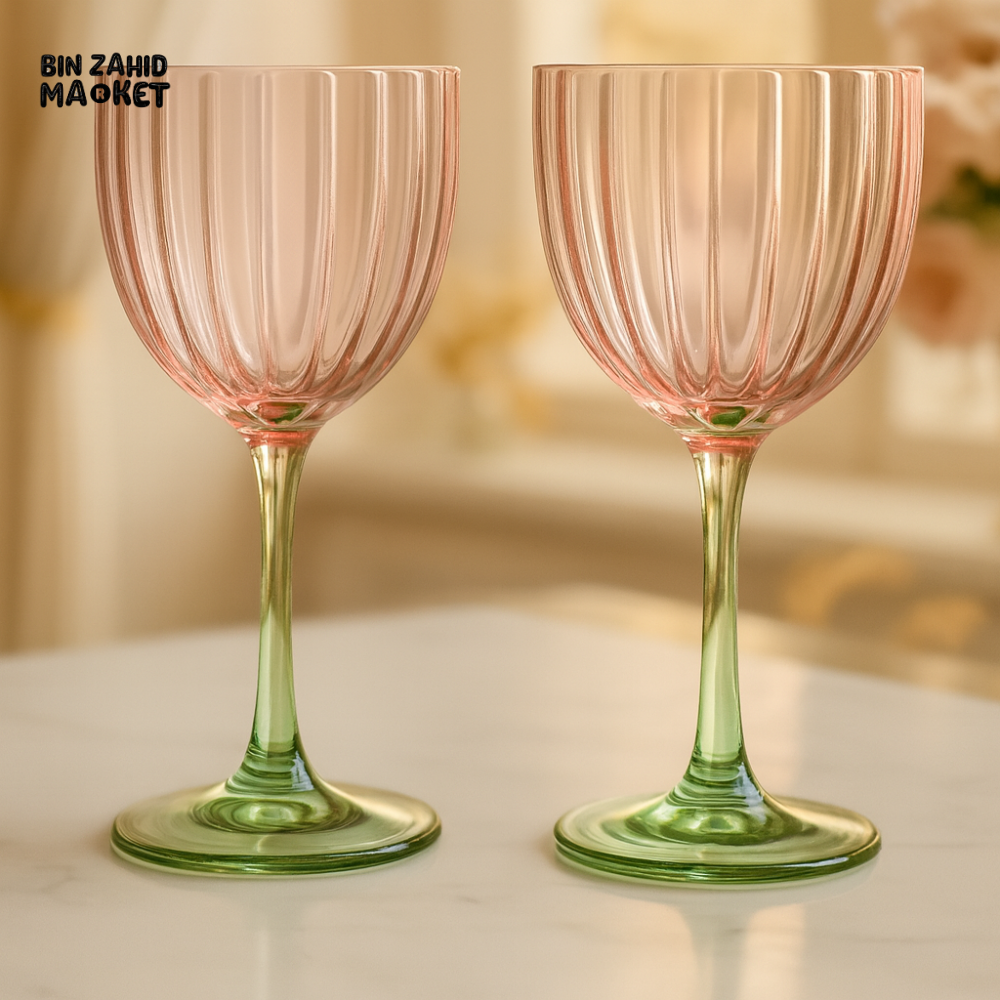 DANNY HOME 2PIECE LUXURY GLASS SET – PINK & GREEN STEM, 9.2×21.4×7.4CM ELEGANT DRINKWARE FOR HOME & PARTIES