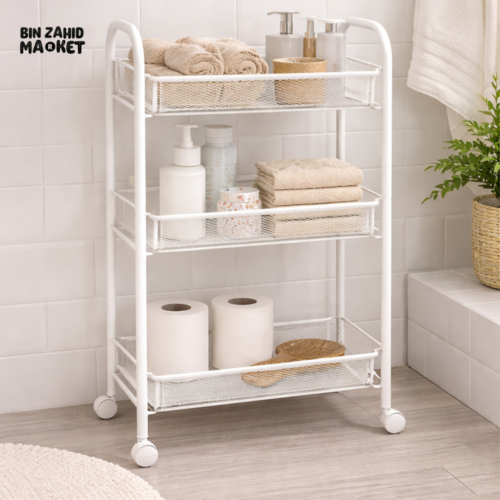 DANNY HOME 3 LAYER METAL STORAGE TROLLEY CART WITH WHEELS MULTIPURPOSE ORGANIZER ROLLING SHELF 42x23x63CM ZYB172
