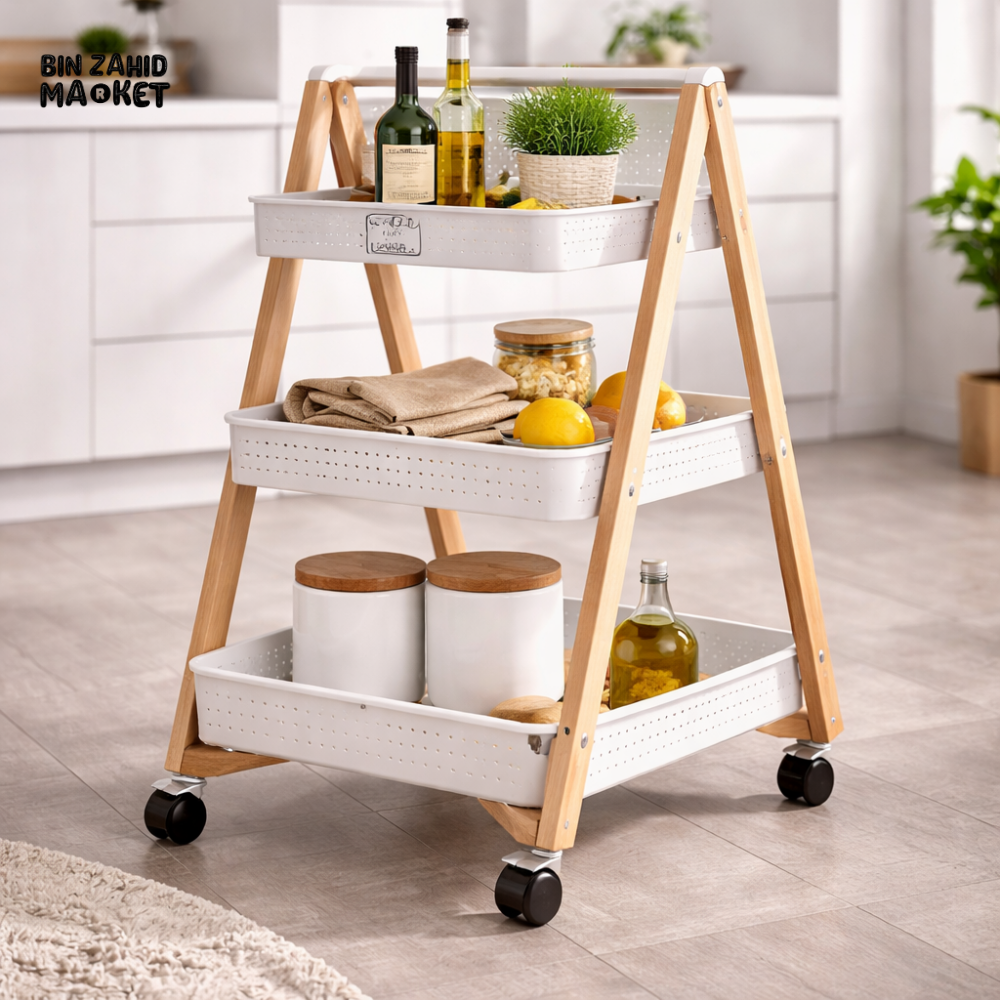 DANNY HOME 3 LAYERS STORAGE TROLLEY CART WITH WOOD FRAME MULTIPURPOSE ROLLING ORGANIZER SHELF WITH WHEELS