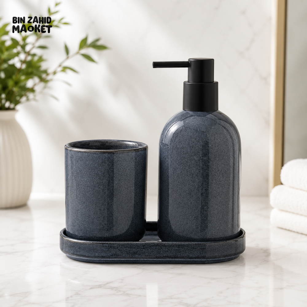 3-PIECE BATHROOM SOAP DISPENSER & TUMBLER SET WITH TRAY