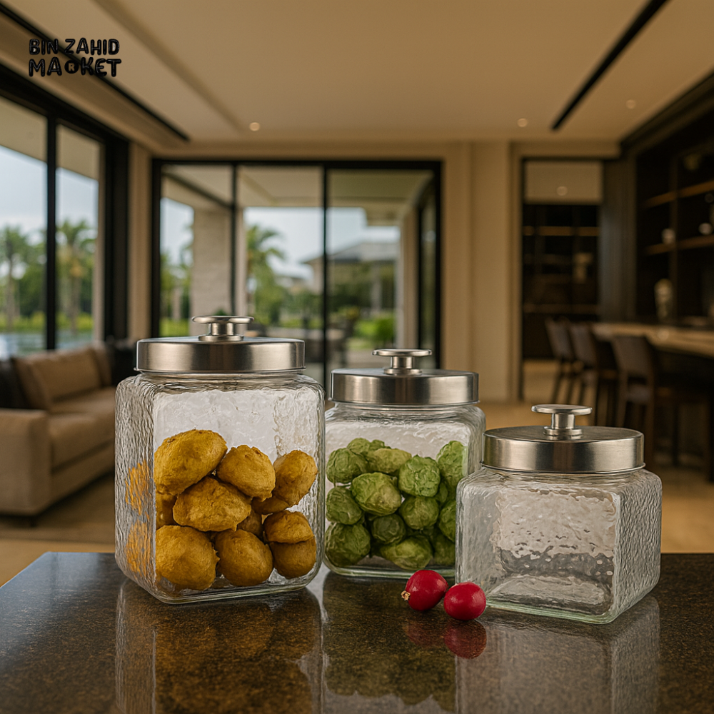 DANNY HOME 3 PIECE GLASS JAR SET WITH SILVER LIDS – AIRTIGHT STORAGE CONTAINERS FOR KITCHEN & PANTRY SD 016