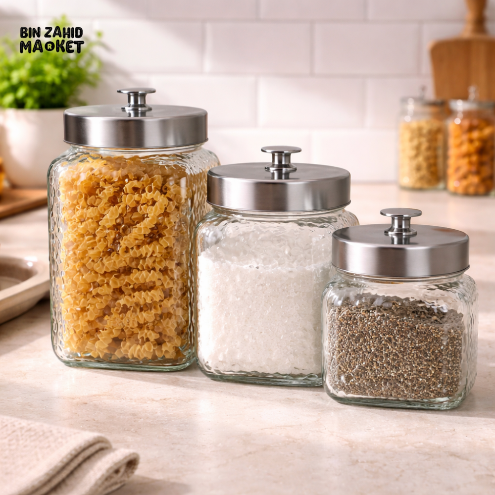 DANNY HOME 3 PIECE TEXTURED GLASS STORAGE JAR SET WITH STEEL LIDS -SD-016